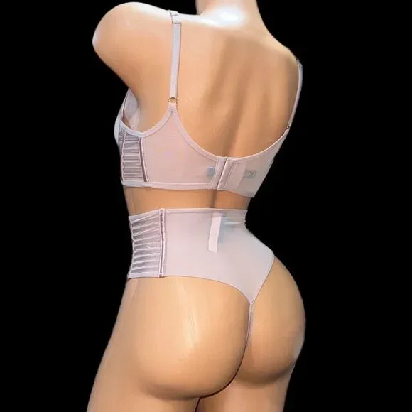 Victorias Secret LUXE Set Sexy Sheer Mesh Unlined Plunge bra & High Waist Thong